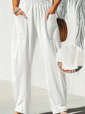 Seaside Escape Pants.  Cup She White Drawstring Linen-Blend Wide Leg Pants